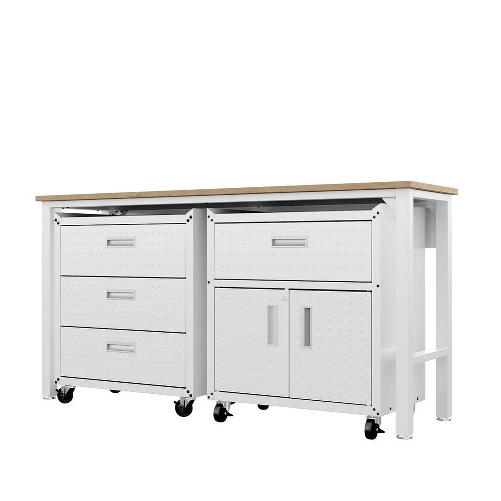3-Piece Fortress Mobile Space-Saving Steel Garage Cabinet and Worktable 5.0 in White MHC-18GMC-WH