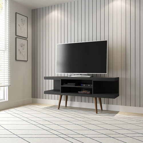 Utopia 53.14" TV Stand with Splayed Wooden Legs and 4 Shelves in Black