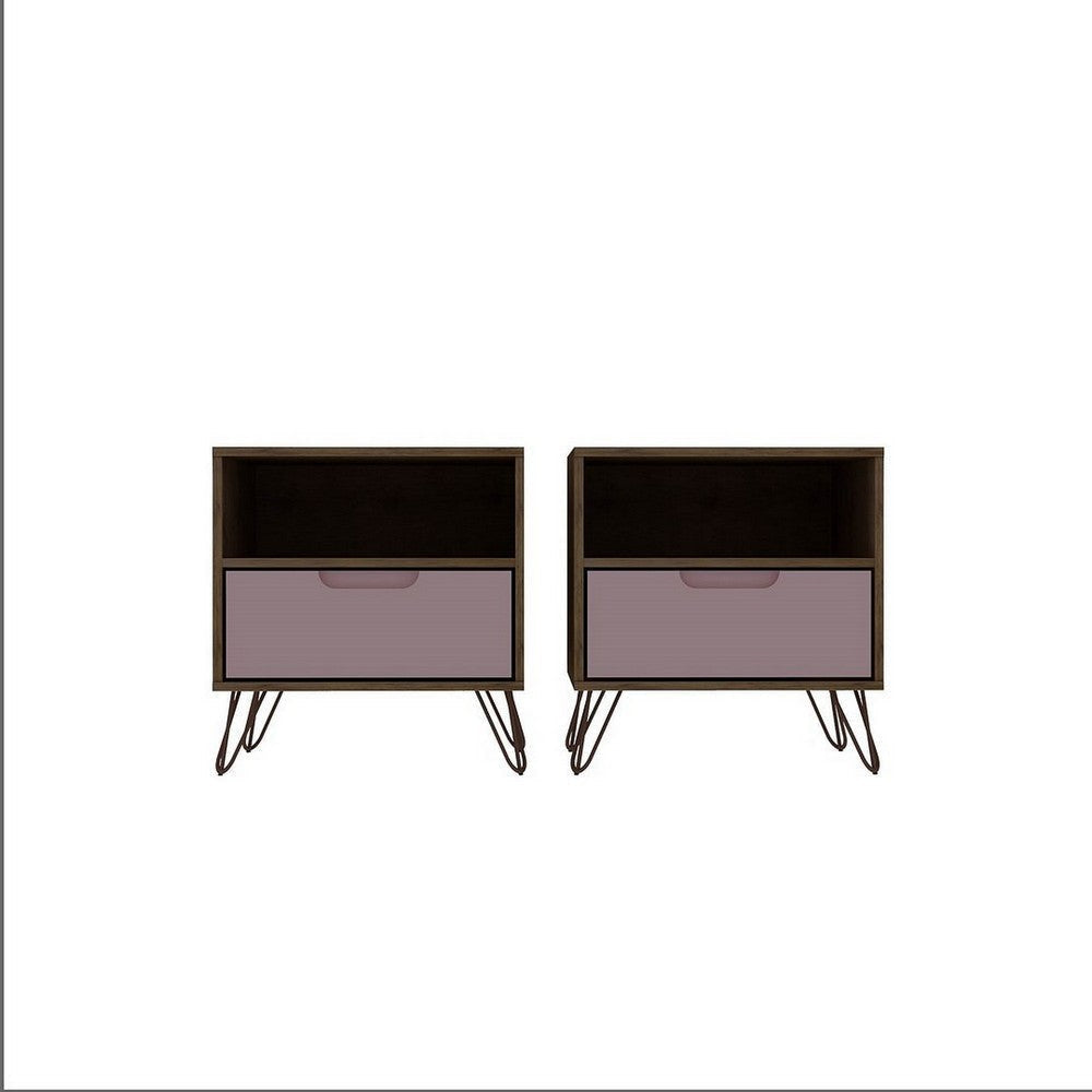 Rockefeller 1-Drawer Nature and Rose Pink Nightstand (Set of 2)