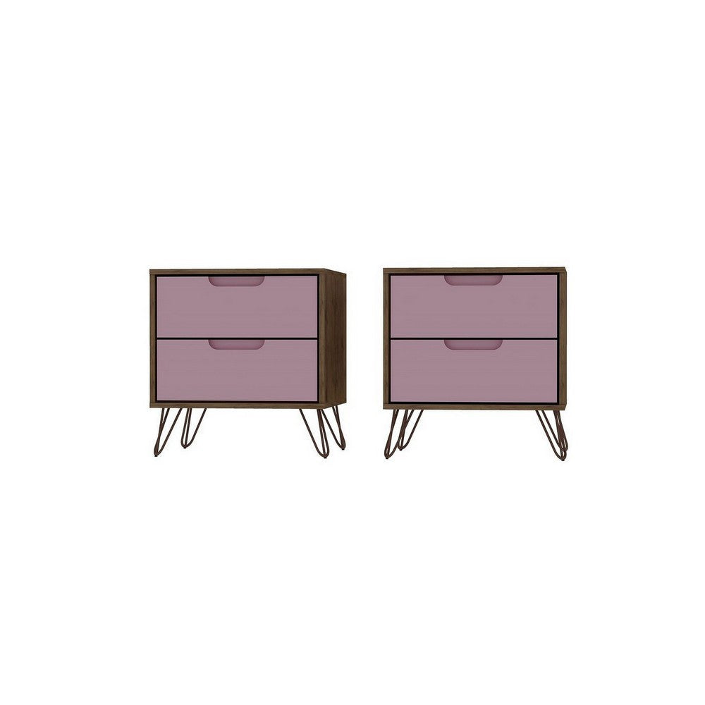 Rockefeller 2-Drawer Nature and Rose Pink Nightstand (Set of 2)