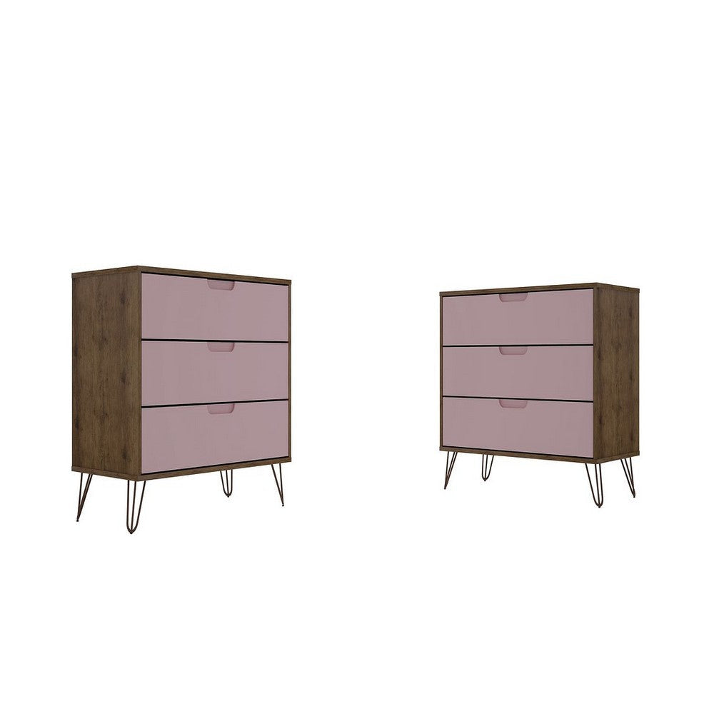 Rockefeller 3-Drawer Nature and Rose Pink Dresser (Set of 2)