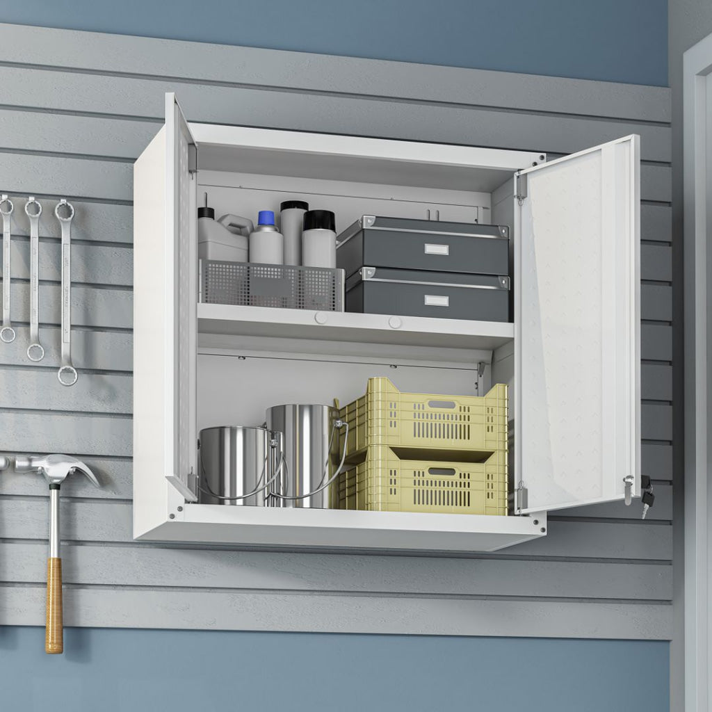 Fortress 30" Floating Textured Metal Garage Cabinet with Adjustable Shelves in White - Set of 2