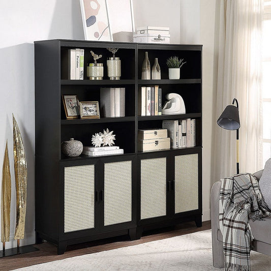 Sheridan Modern Cane Bookcase with Adjustable Shelves in Black - Set of 2