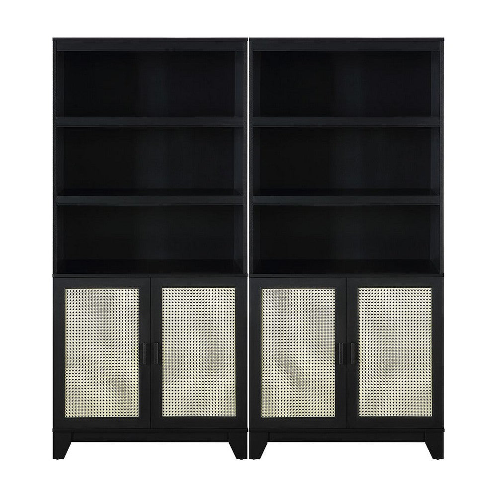 Sheridan Modern Cane Bookcase with Adjustable Shelves in Black - Set of 2