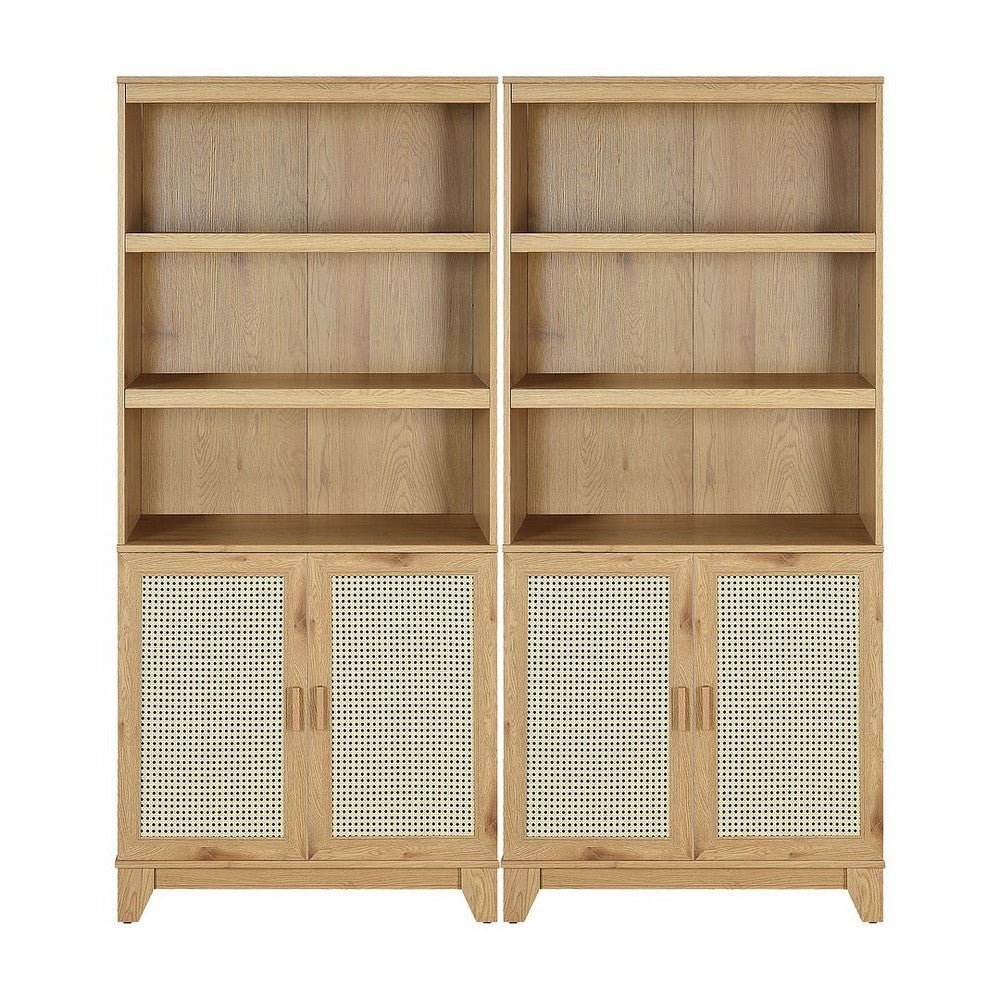 Sheridan Modern Cane Bookcase with Adjustable Shelves in Nature - Set of 2
