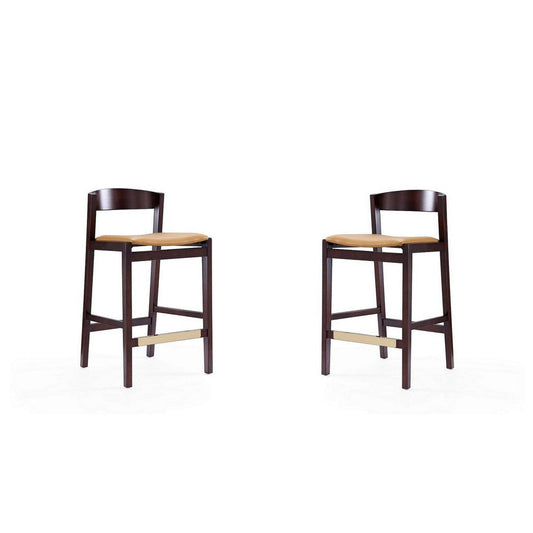 Klismos 36.75 in. Camel and Dark Walnut Beech Wood Counter Height Bar Stool (Set of 2)