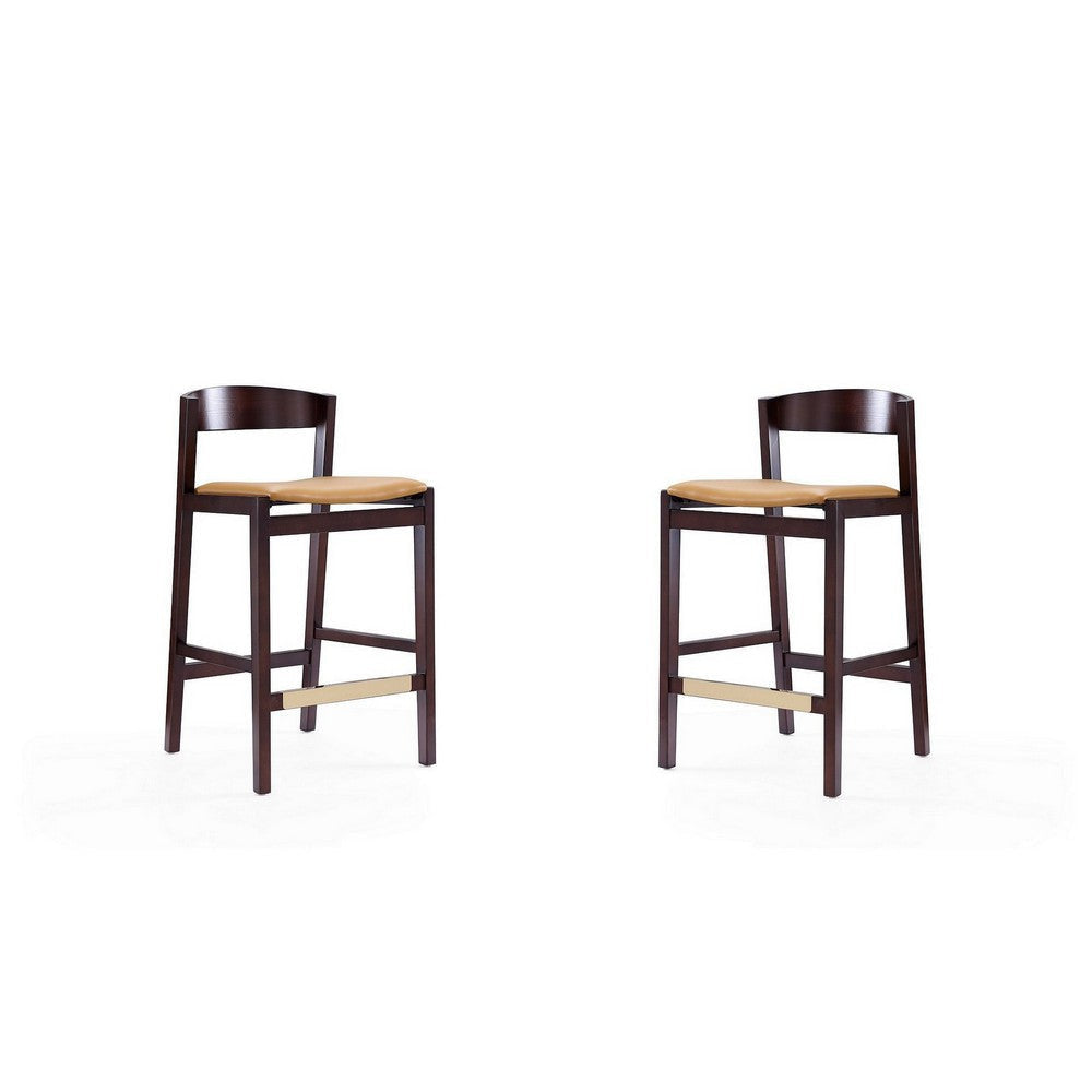 Klismos 36.75 in. Camel and Dark Walnut Beech Wood Counter Height Bar Stool (Set of 2)
