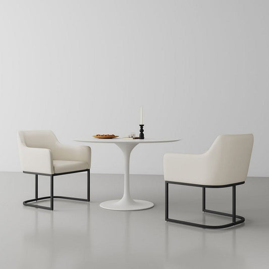 Modern Serena Dining Armchair Upholstered in Leatherette with Steel Legs in Cream - Set of 2
