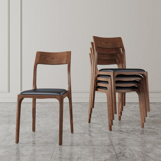 Modern Moderno Stackable Dining Chair Upholstered in Leatherette with Solid Wood Frame in Walnut and Black- Set of 4