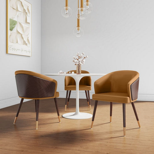 Modern Reeva Dining Chair Upholstered in Leatherette with Beech Wood Back and Solid Wood Legs in Walnut and Camal- Set of 2