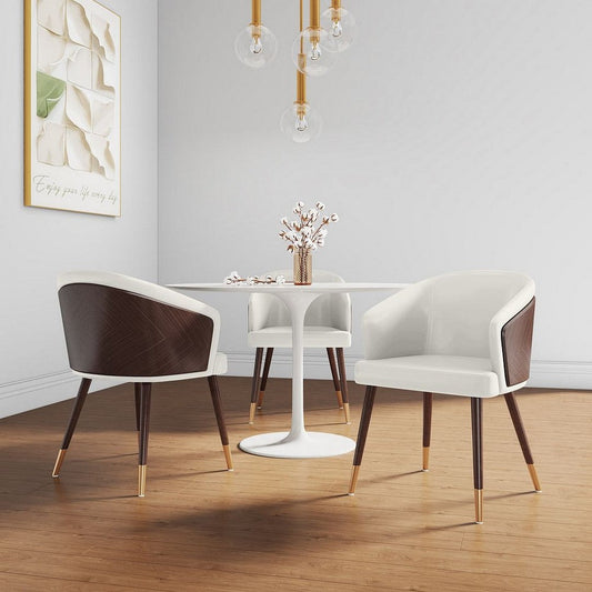 Modern Reeva Dining Chair Upholstered in Leatherette with Beech Wood Back and Solid Wood Legs in Walnut and Cream- Set of 2