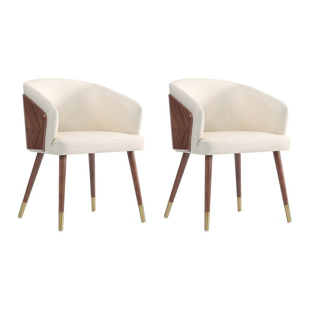 Modern Reeva Dining Chair Upholstered in Leatherette with Beech Wood Back and Solid Wood Legs in Walnut and Cream- Set of 2