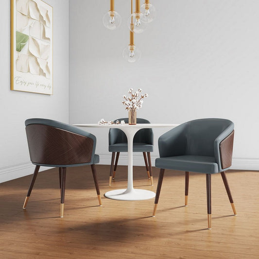Modern Reeva Dining Chair Upholstered in Leatherette with Beech Wood Back and Solid Wood Legs in Walnut and Graphite Grey - Set of 2