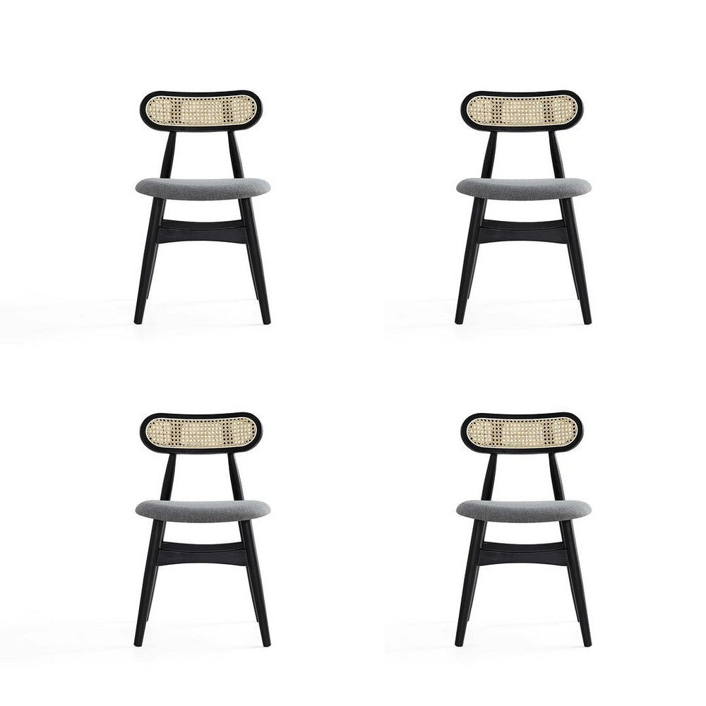 Colbert Dining Chair in Black and Cane with Grey Upholstered Seating - Set of 4