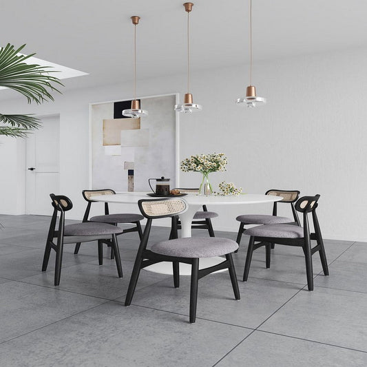 Colbert Dining Chair in Black and Cane with Grey Upholstered Seating - Set of 4