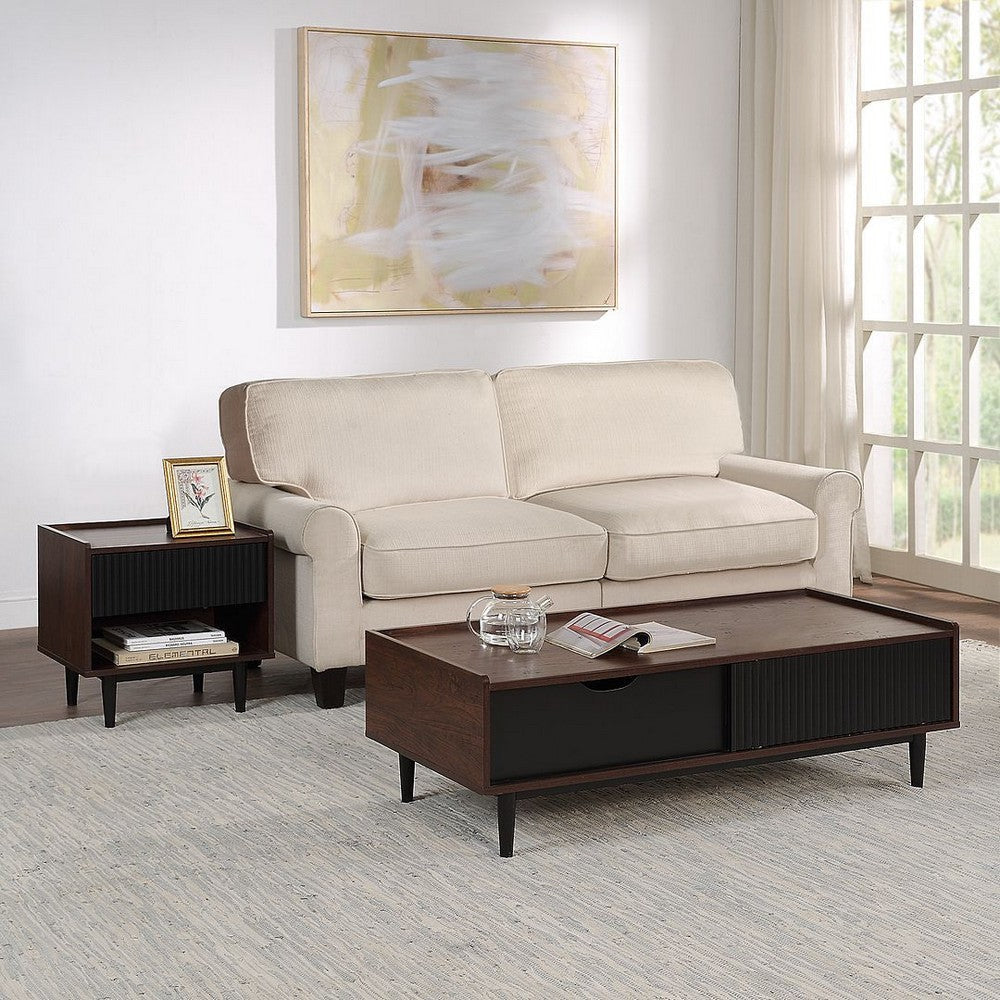 Duane Modern Ribbed End Table and Coffee Table in Dark Brown and Black