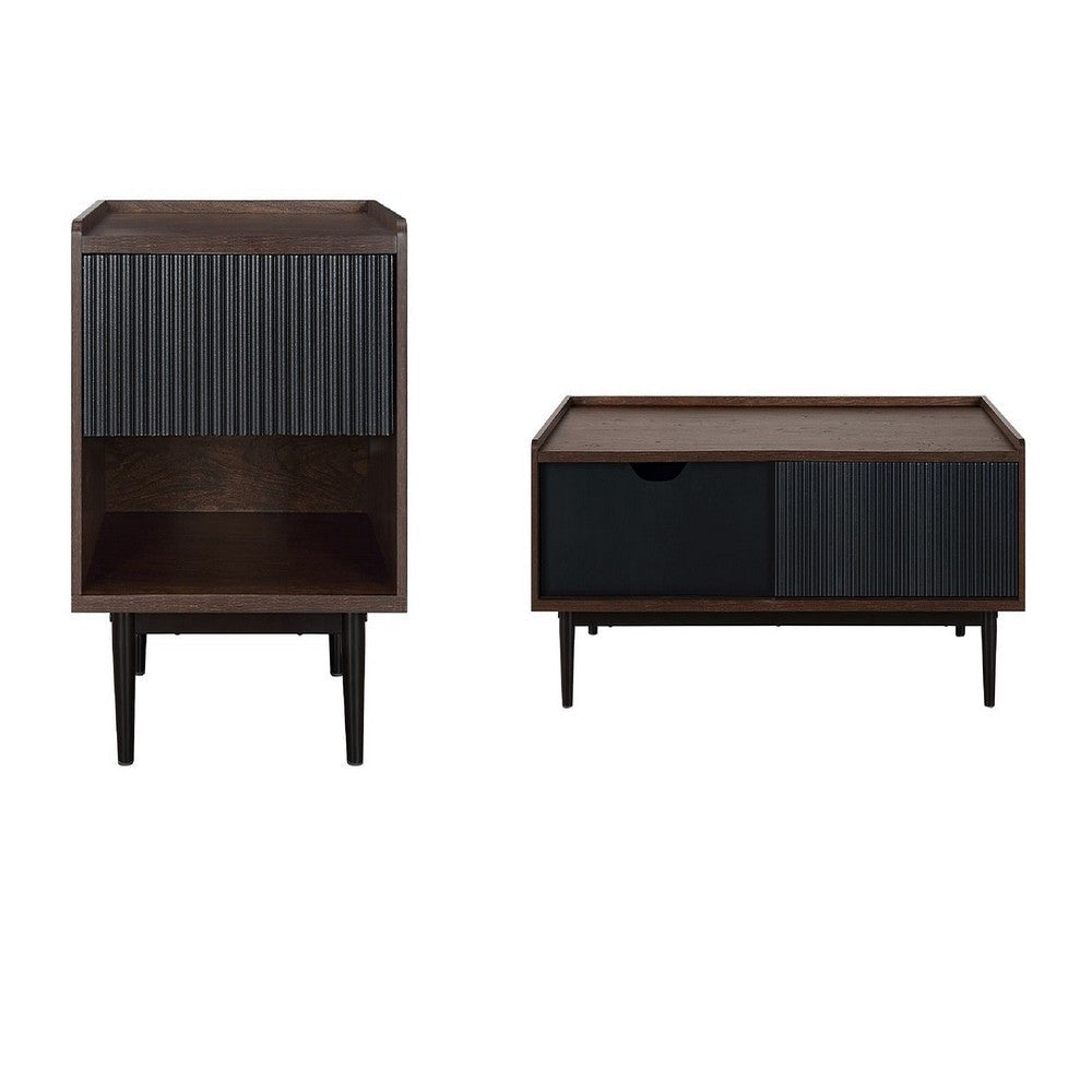Duane Modern Ribbed End Table and Coffee Table in Dark Brown and Black