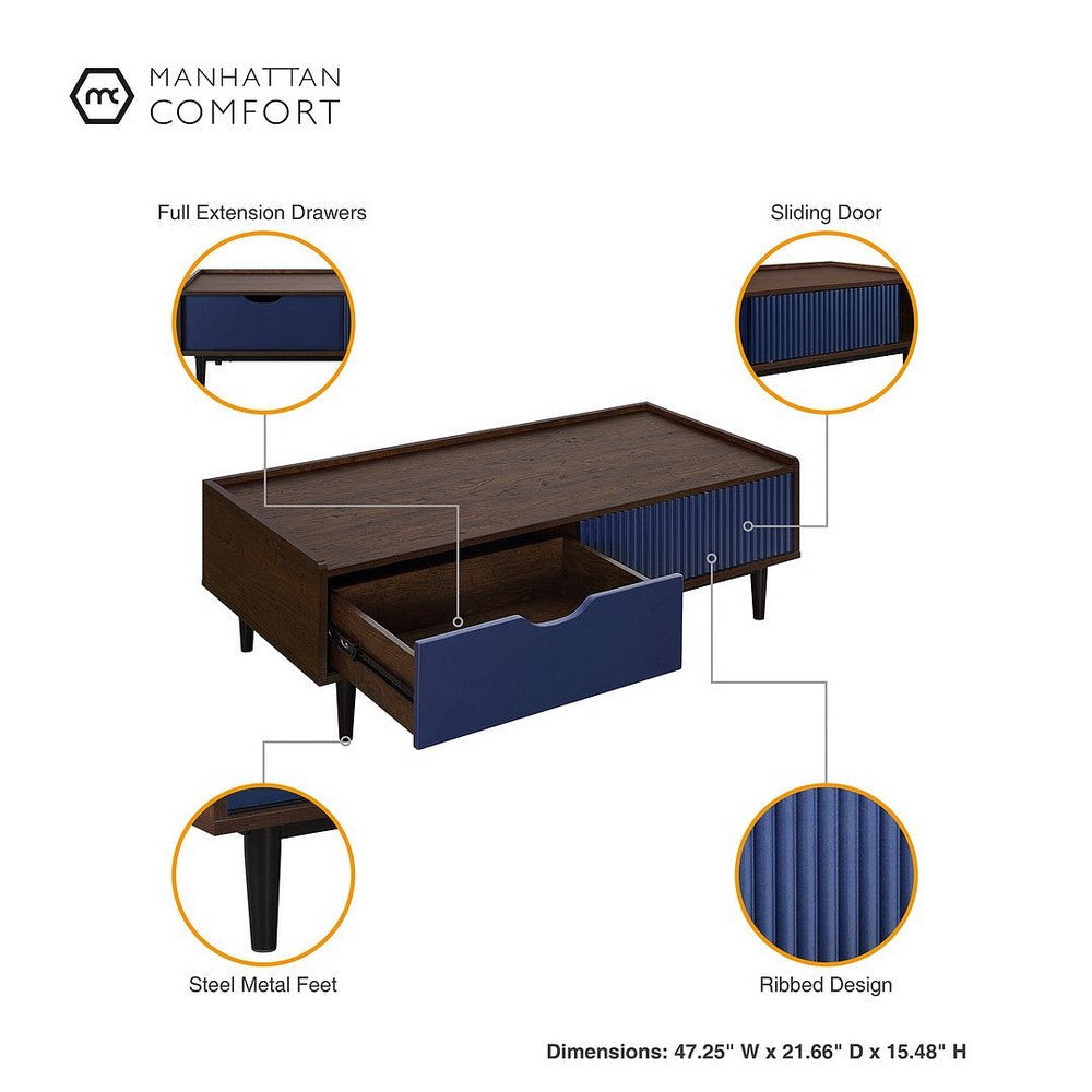 Duane Modern Ribbed End Table and Coffee Table in Dark Brown and Navy Blue MHC-2-NC-12GLF-NB