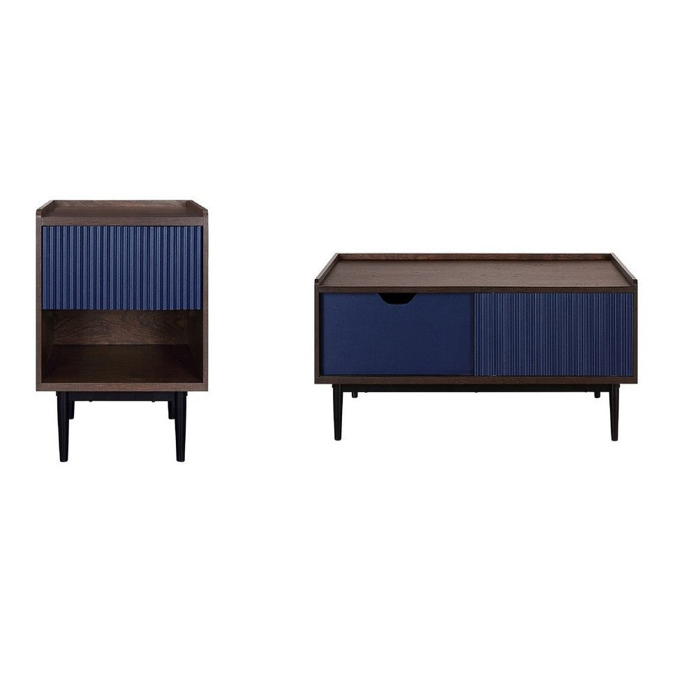 Duane Modern Ribbed End Table and Coffee Table in Dark Brown and Navy Blue