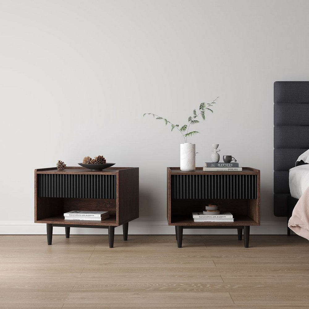Duane Modern Ribbed Nightstand with Full Extension Drawer in Dark Brown and Black- Set of 2