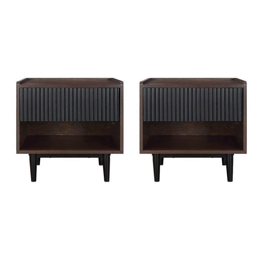 Duane Modern Ribbed Nightstand with Full Extension Drawer in Dark Brown and Black- Set of 2