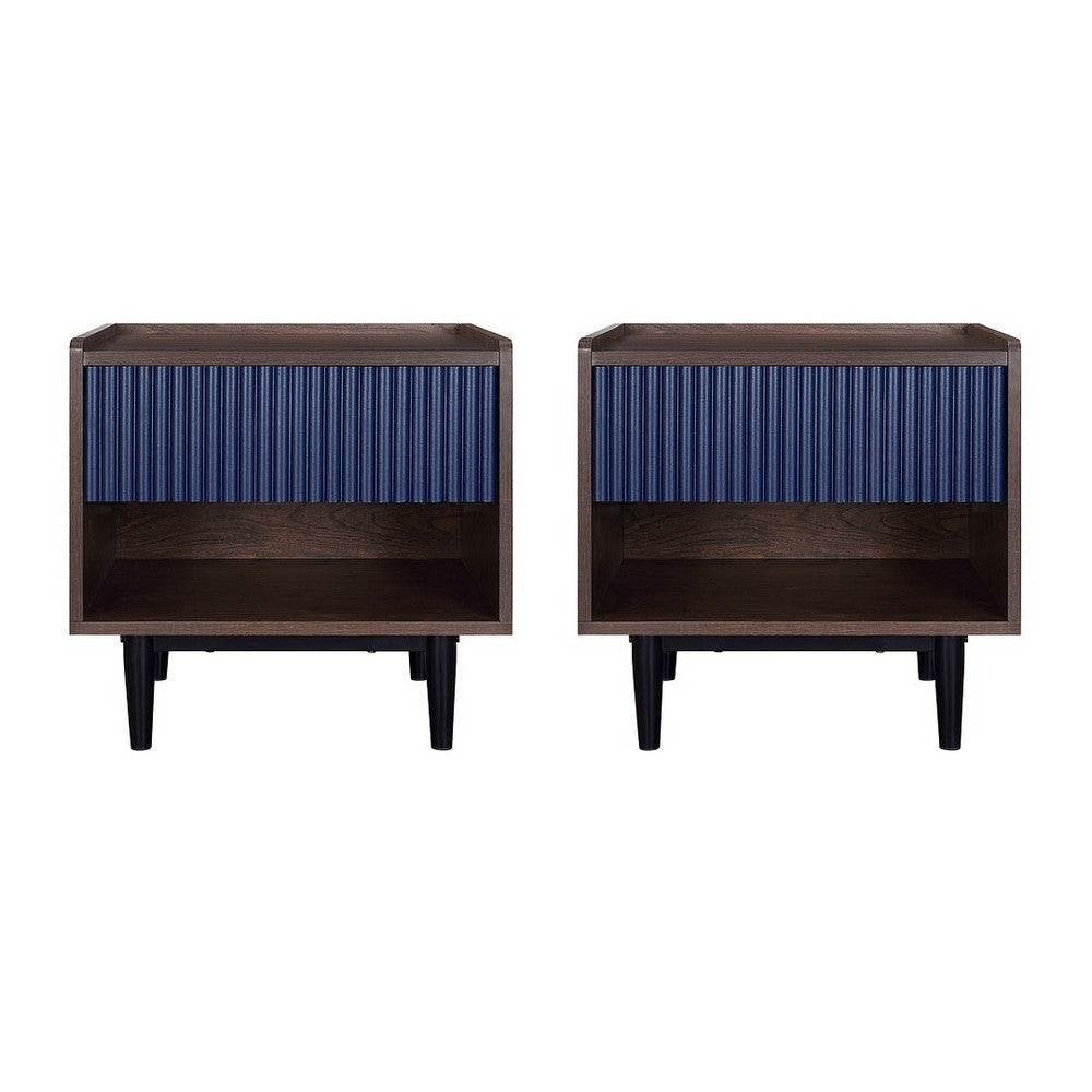 Duane Modern Ribbed Nightstand with Full Extension Drawer in Dark Brown and Navy Blue- Set of 2