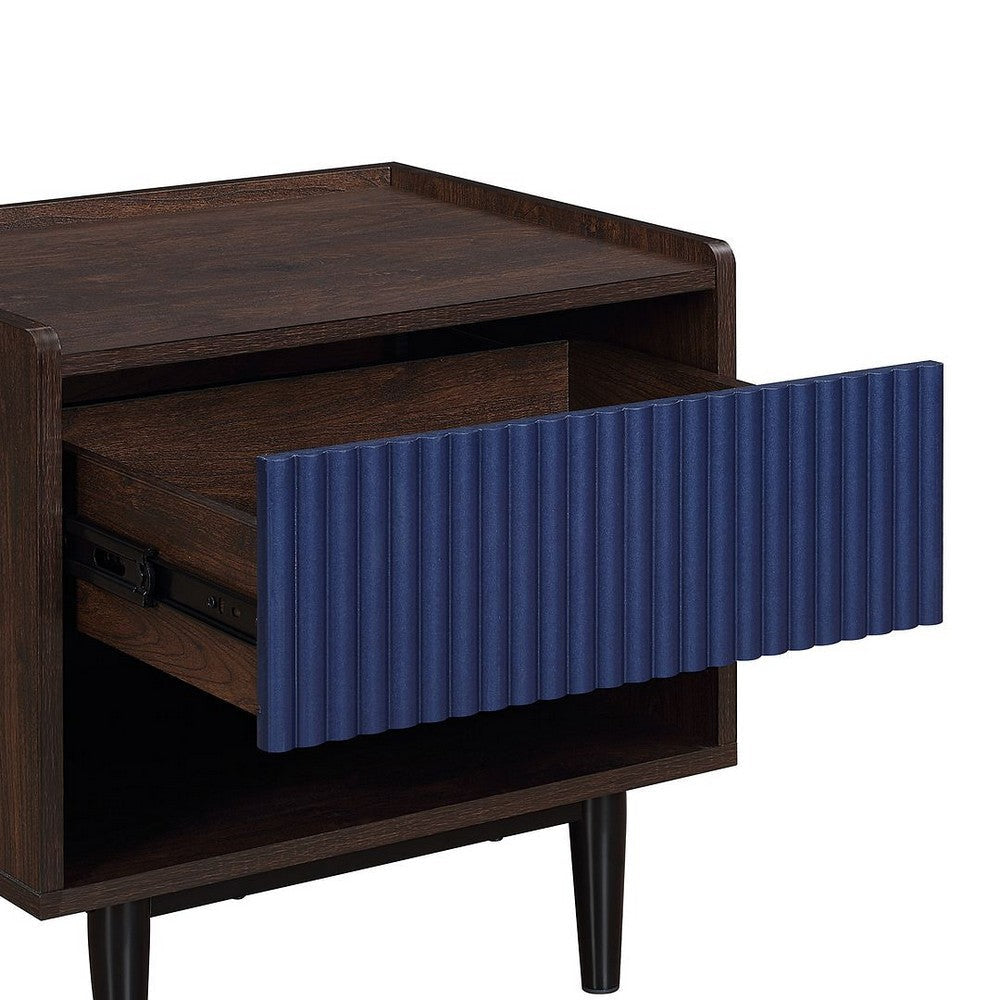 Duane Modern Ribbed Nightstand with Full Extension Drawer in Dark Brown and Navy Blue- Set of 2 MHC-2-NS-10GLF-NB