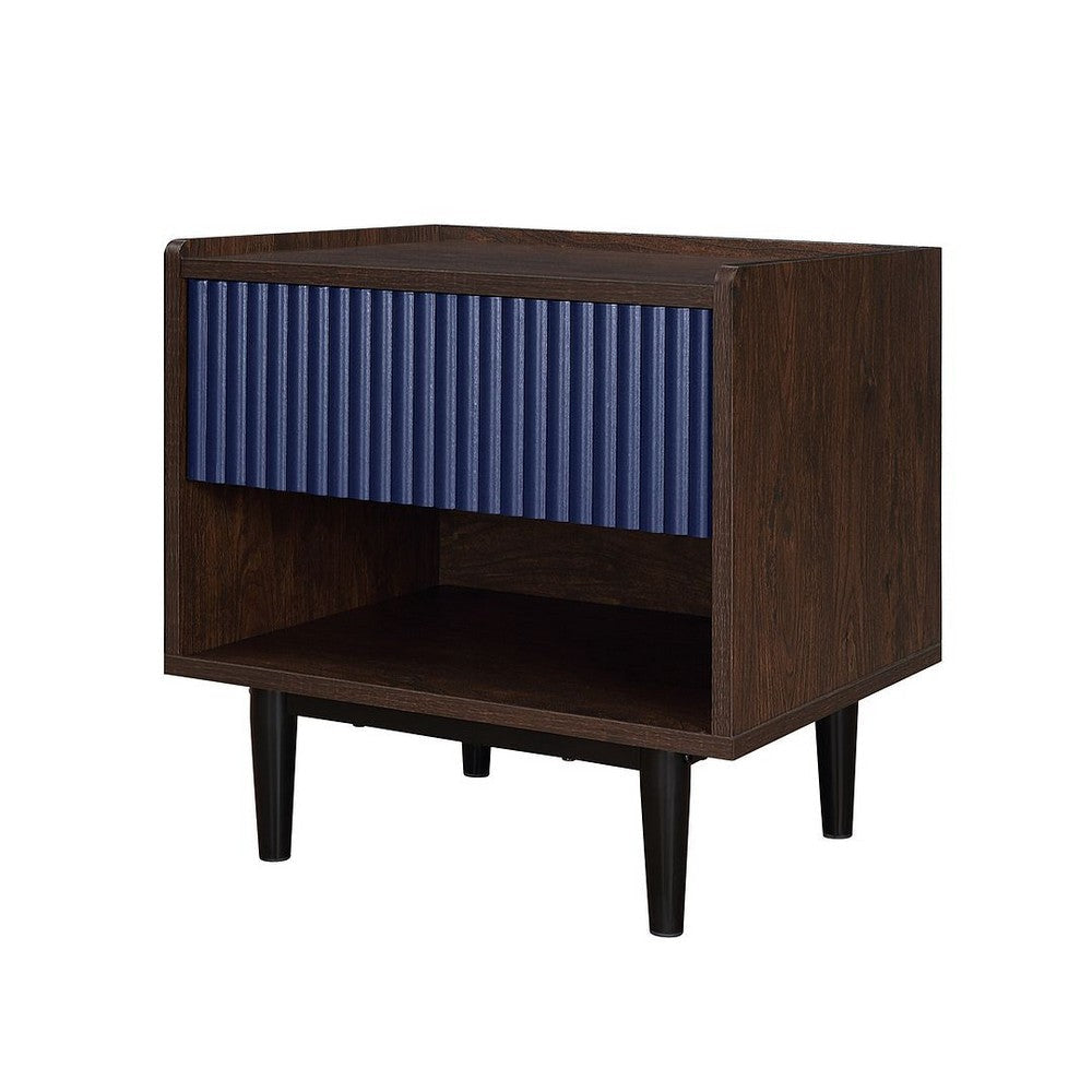 Duane Modern Ribbed Nightstand with Full Extension Drawer in Dark Brown and Navy Blue- Set of 2 MHC-2-NS-10GLF-NB