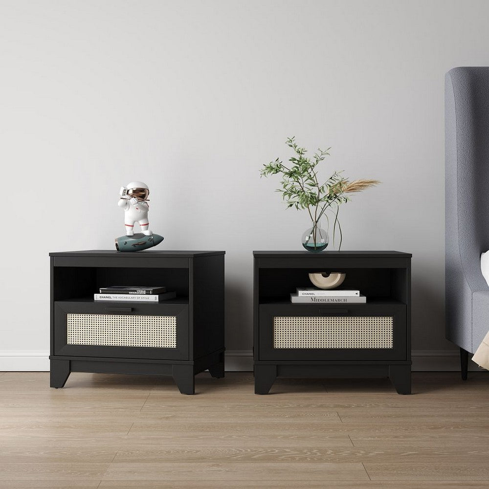 Sheridan Modern Cane Nightstand in Black- Set of 2