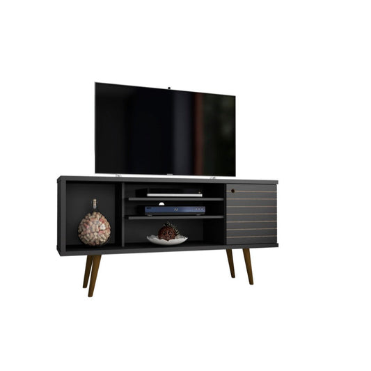 Liberty 53.14" Mid Century - Modern TV Stand with 5 Shelves and 1 Door, Black
