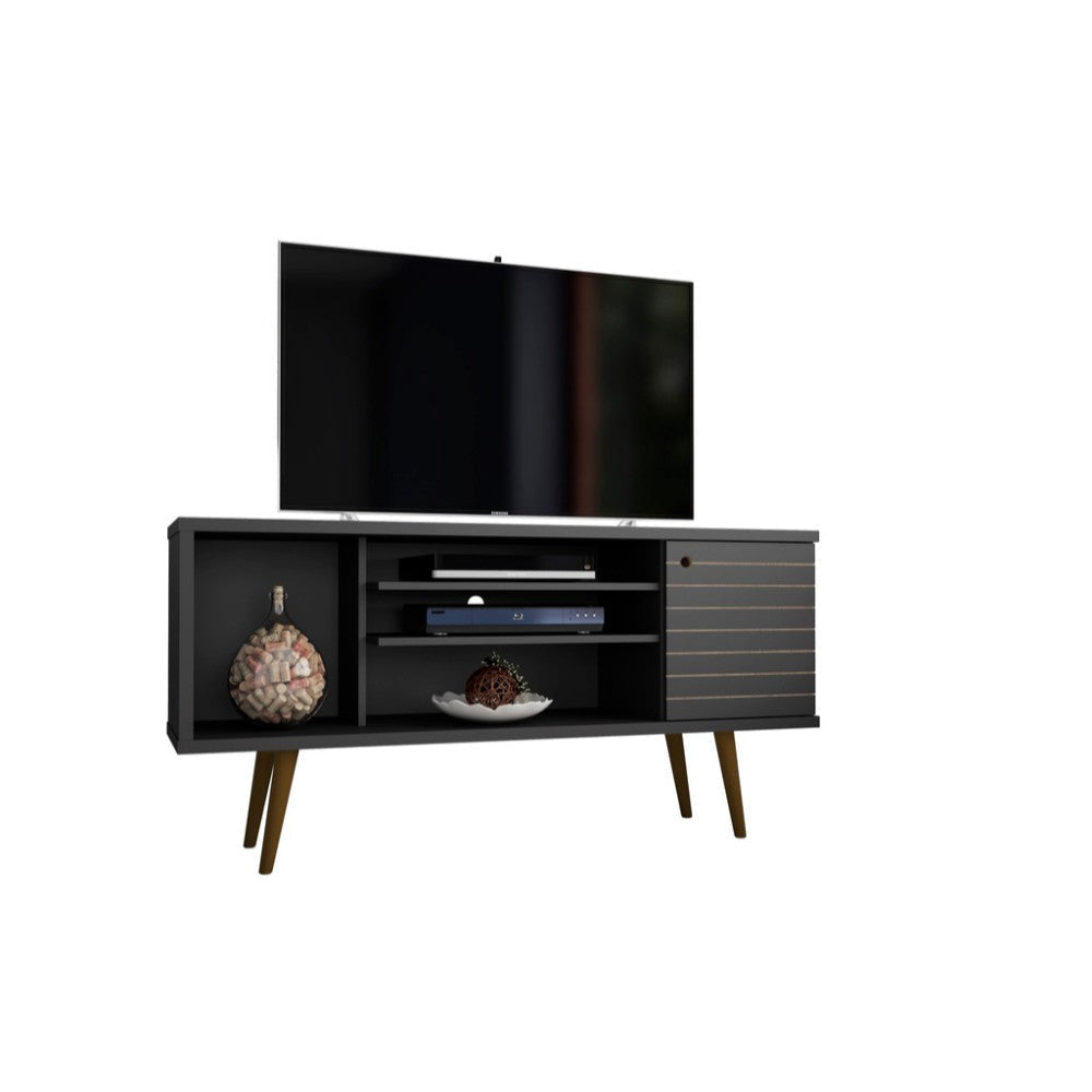 Liberty 53.14" Mid Century - Modern TV Stand with 5 Shelves and 1 Door, Black