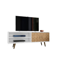 62.99" Mid Century - Modern TV Stand with 3 Shelves and 2 Doors, White and Brown