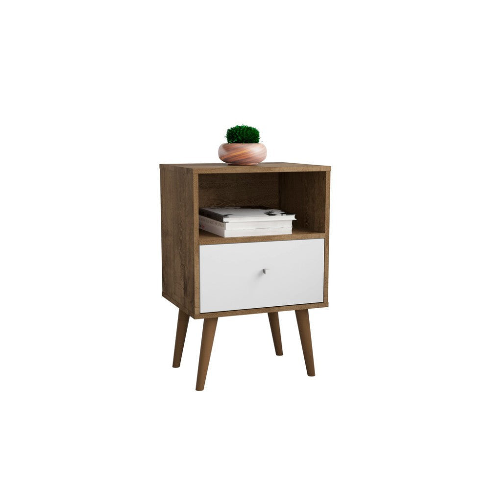 Mid Century - Modern Nightstand 1.0 W/ 1 Cubby Space & 1 Drawer, Rustic Brown, White