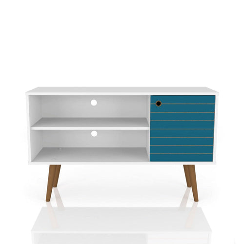 42.52" Mid Century - Modern TV Stand with 2 Shelves and 1 Door, White and Aqua Blue