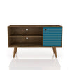 42.52" Mid Century - Modern TV Stand W/ 2 Shelves and 1 Door, Rustic Brown, Aqua Blue