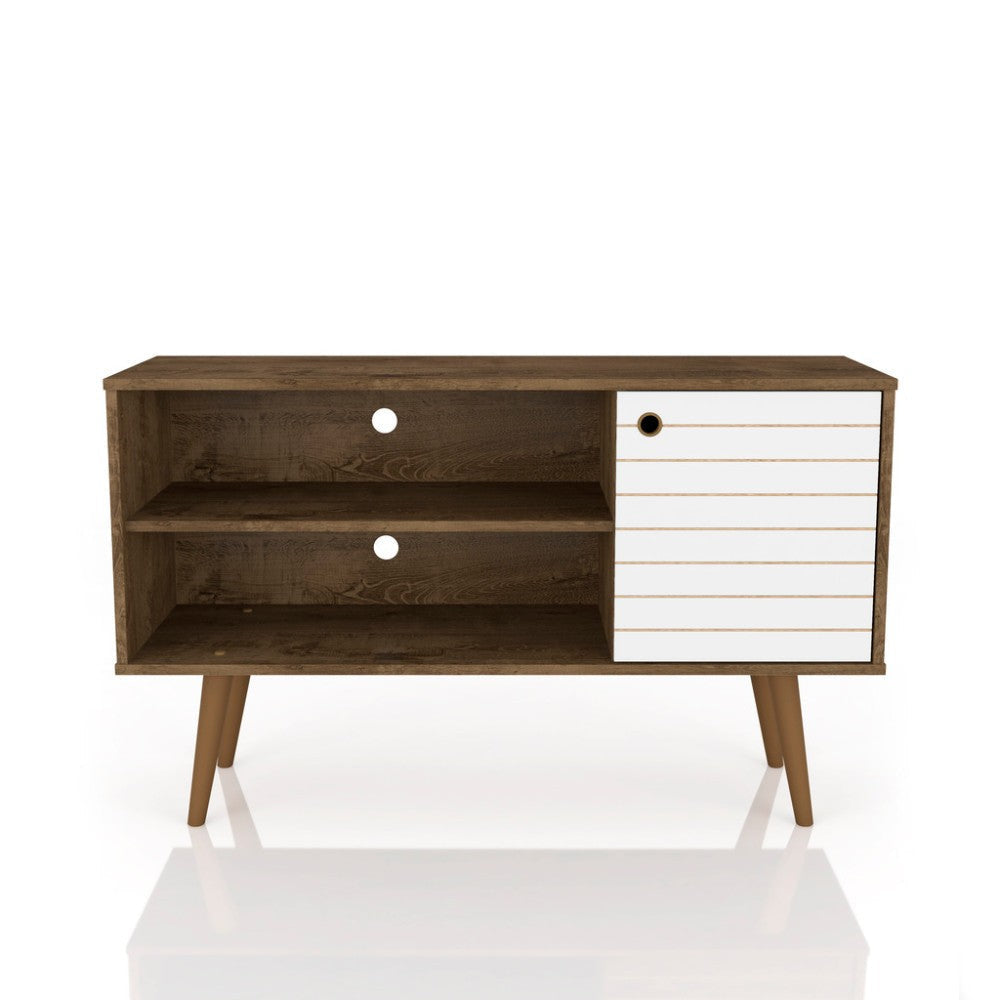 42.52" Mid Century - Modern TV Stand W/ 2 Shelves and 1 Door, Rustic Brown and White
