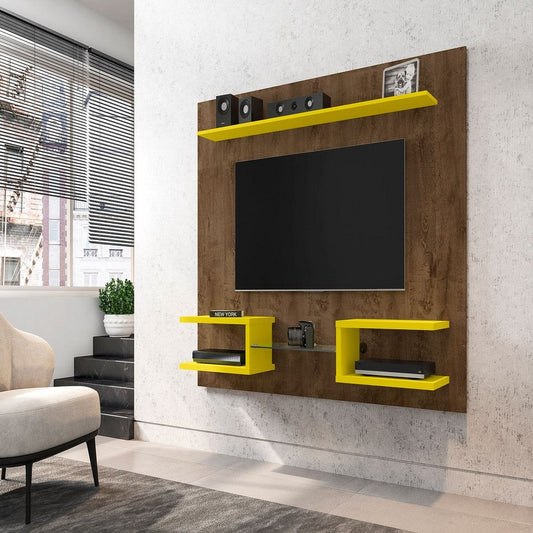 Plaza 64.25 Modern Floating Wall Entertainment Center with Display Shelves in Rustic Brown and Yellow
