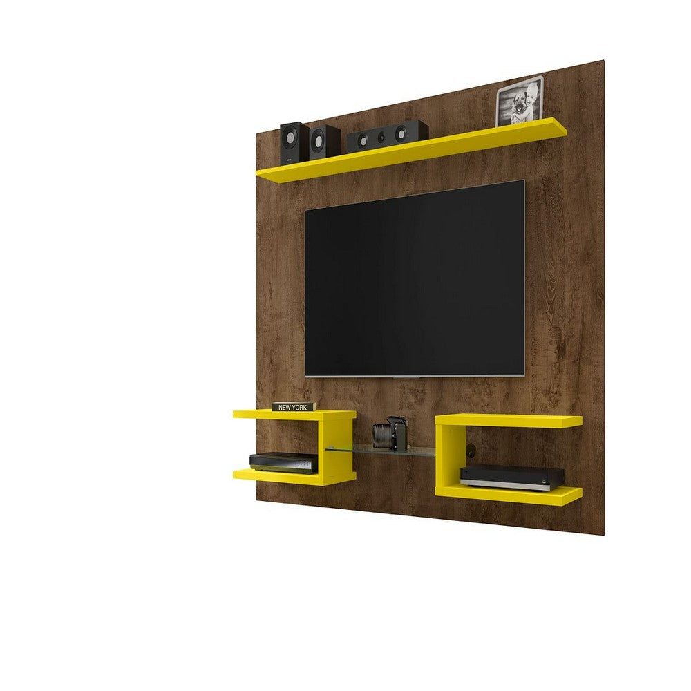Plaza 64.25 Modern Floating Wall Entertainment Center with Display Shelves in Rustic Brown and Yellow MHC-224BMC94