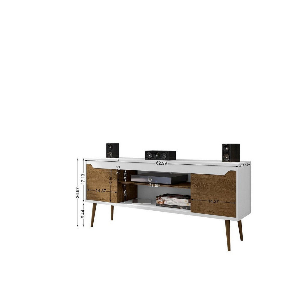 Bradley 62.99 TV Stand White and Rustic Brown with 2 Media Shelves and 2 Storage Shelves in White and Rustic Brown with Solid Wood Legs