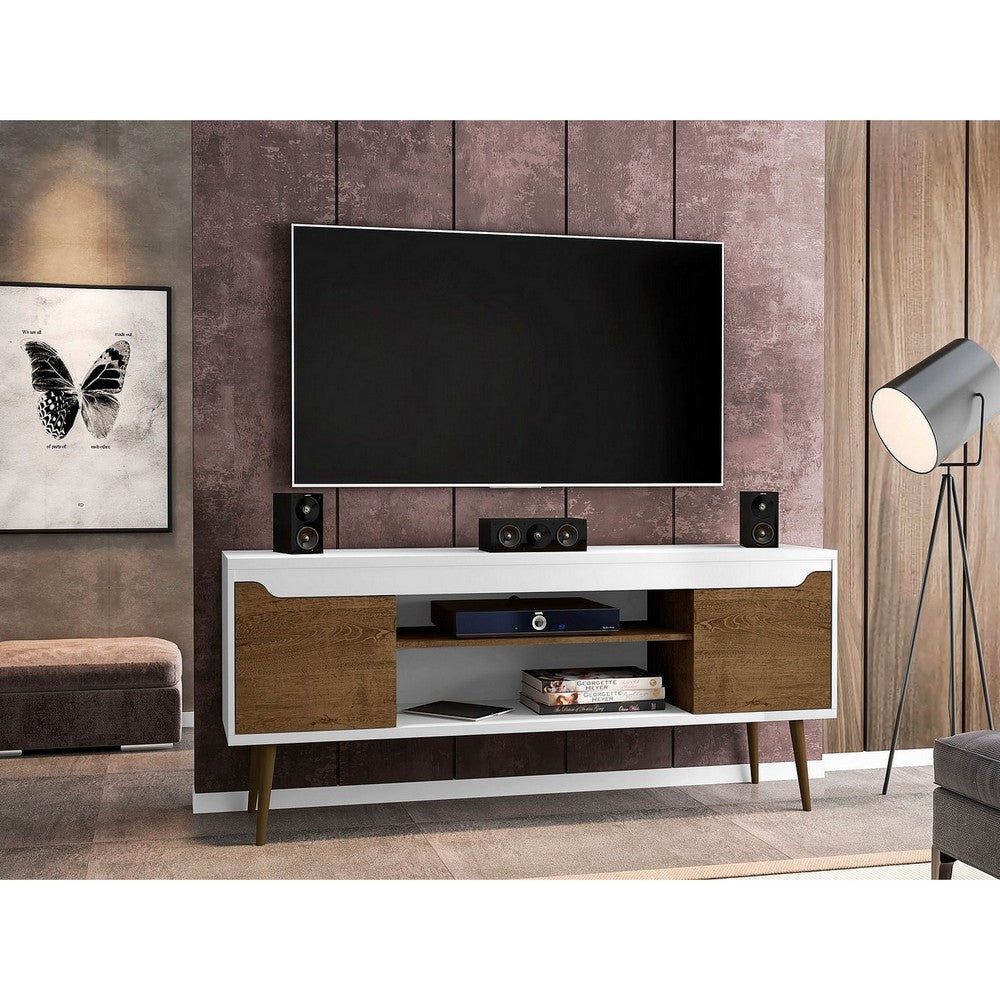 Bradley 62.99 TV Stand White and Rustic Brown with 2 Media Shelves and 2 Storage Shelves in White and Rustic Brown with Solid Wood Legs