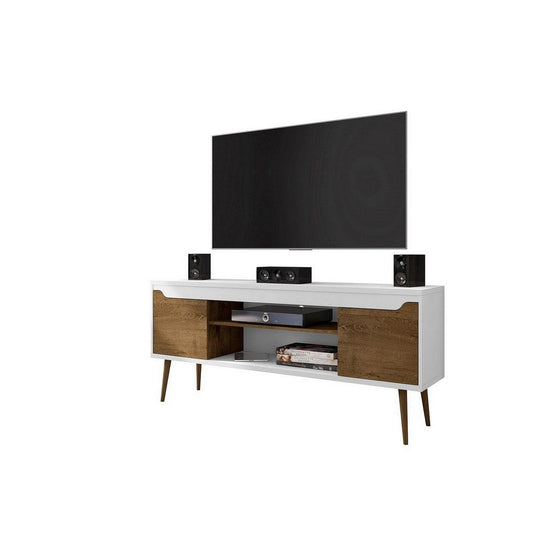 Bradley 62.99 TV Stand White and Rustic Brown with 2 Media Shelves and 2 Storage Shelves in White and Rustic Brown with Solid Wood Legs