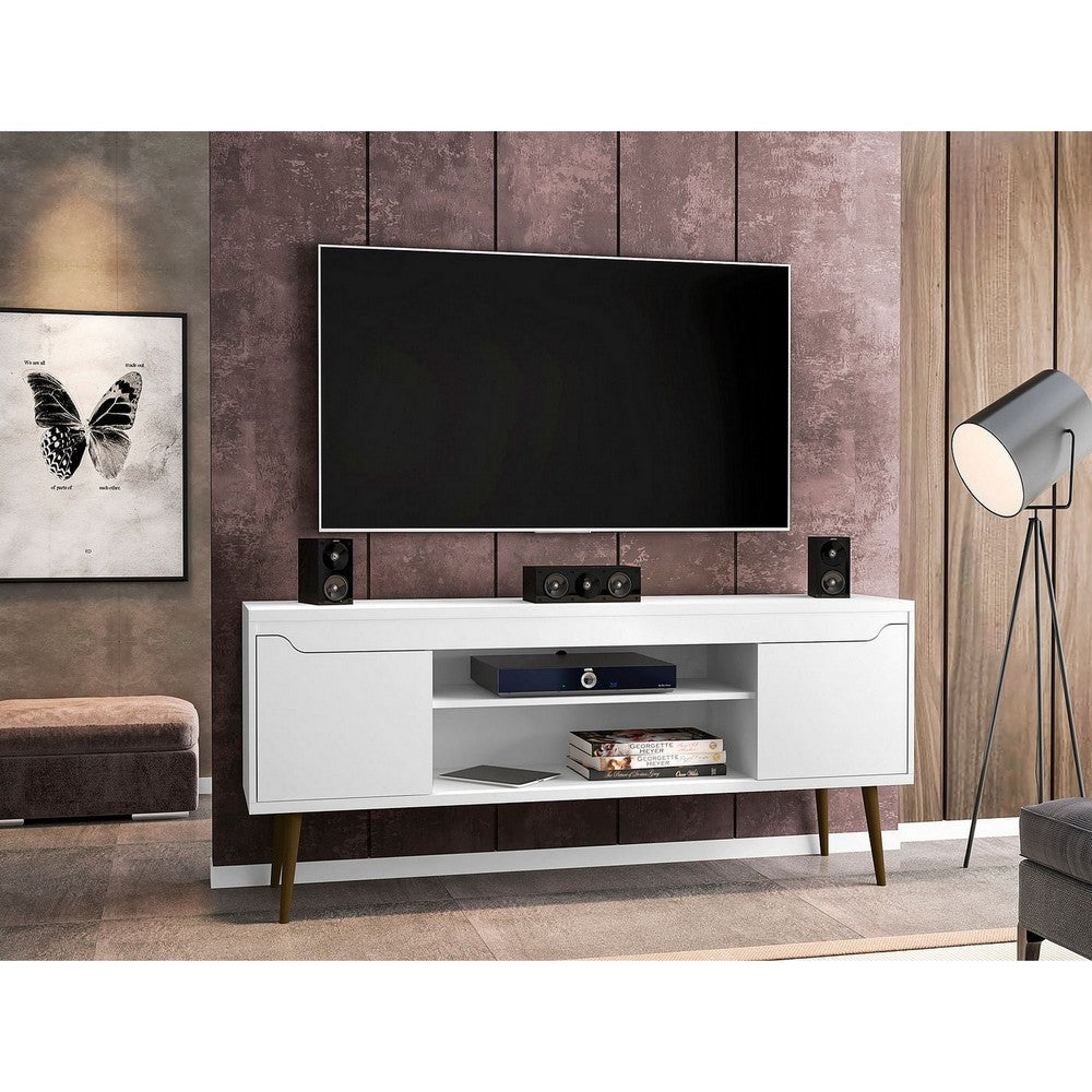 Bradley 62.99 TV Stand White with 2 Media Shelves and 2 Storage Shelves in White with Solid Wood Legs MHC-228BMC6