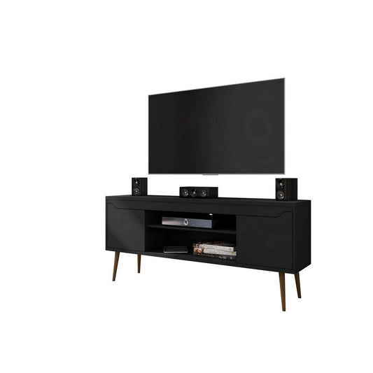 Bradley 62.99 TV Stand Black  with 2 Media Shelves and 2 Storage Shelves in Black  with Solid Wood Legs