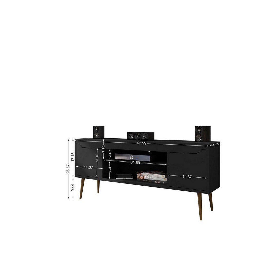 Bradley 62.99 TV Stand Black with 2 Media Shelves and 2 Storage Shelves in Black with Solid Wood Legs MHC-228BMC8