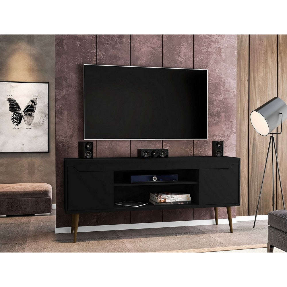 Bradley 62.99 TV Stand Black with 2 Media Shelves and 2 Storage Shelves in Black with Solid Wood Legs MHC-228BMC8