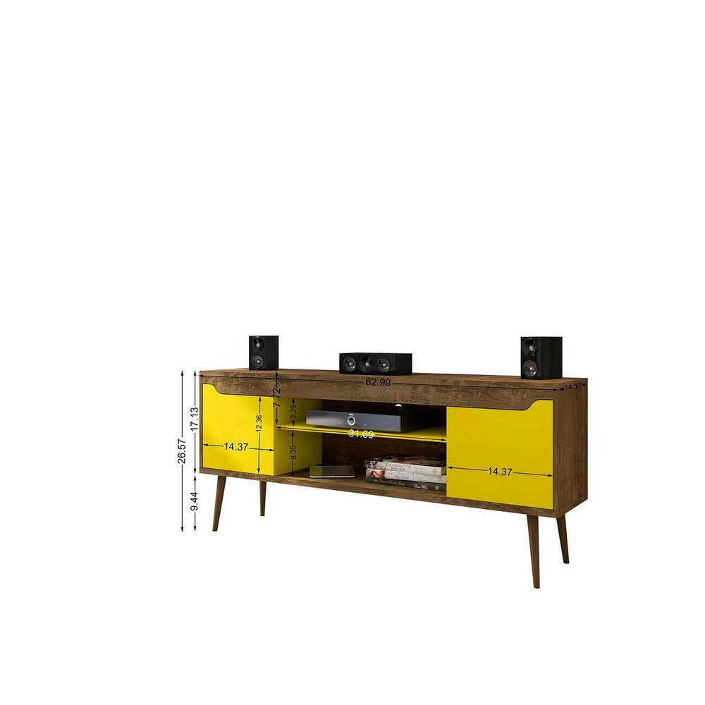 Bradley 62.99 TV Stand Rustic Brown and Yellow with 2 Media Shelves and 2 Storage Shelves in Rustic Brown and Yellow with Solid Wood Legs
