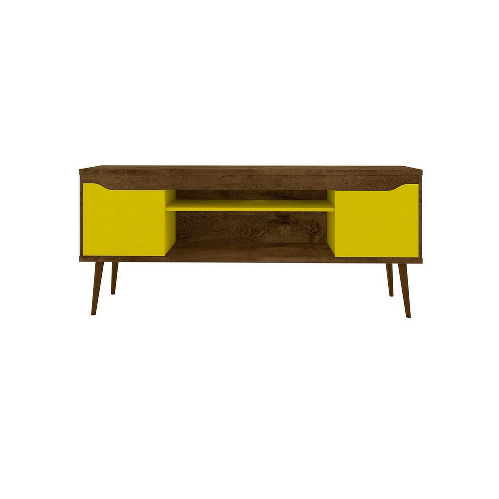 Bradley 62.99 TV Stand Rustic Brown and Yellow with 2 Media Shelves and 2 Storage Shelves in Rustic Brown and Yellow with Solid Wood Legs