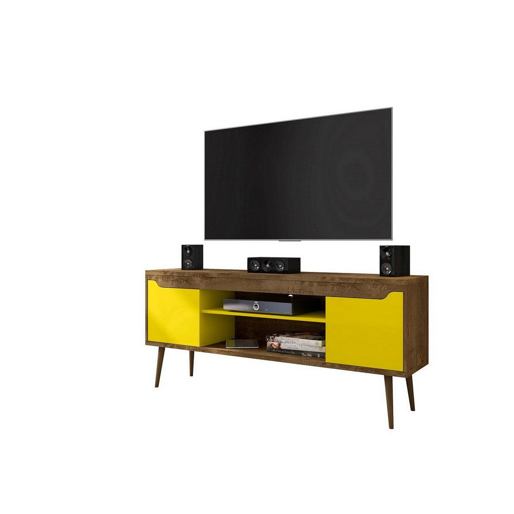 Bradley 62.99 TV Stand Rustic Brown and Yellow  with 2 Media Shelves and 2 Storage Shelves in Rustic Brown and Yellow  with Solid Wood Legs