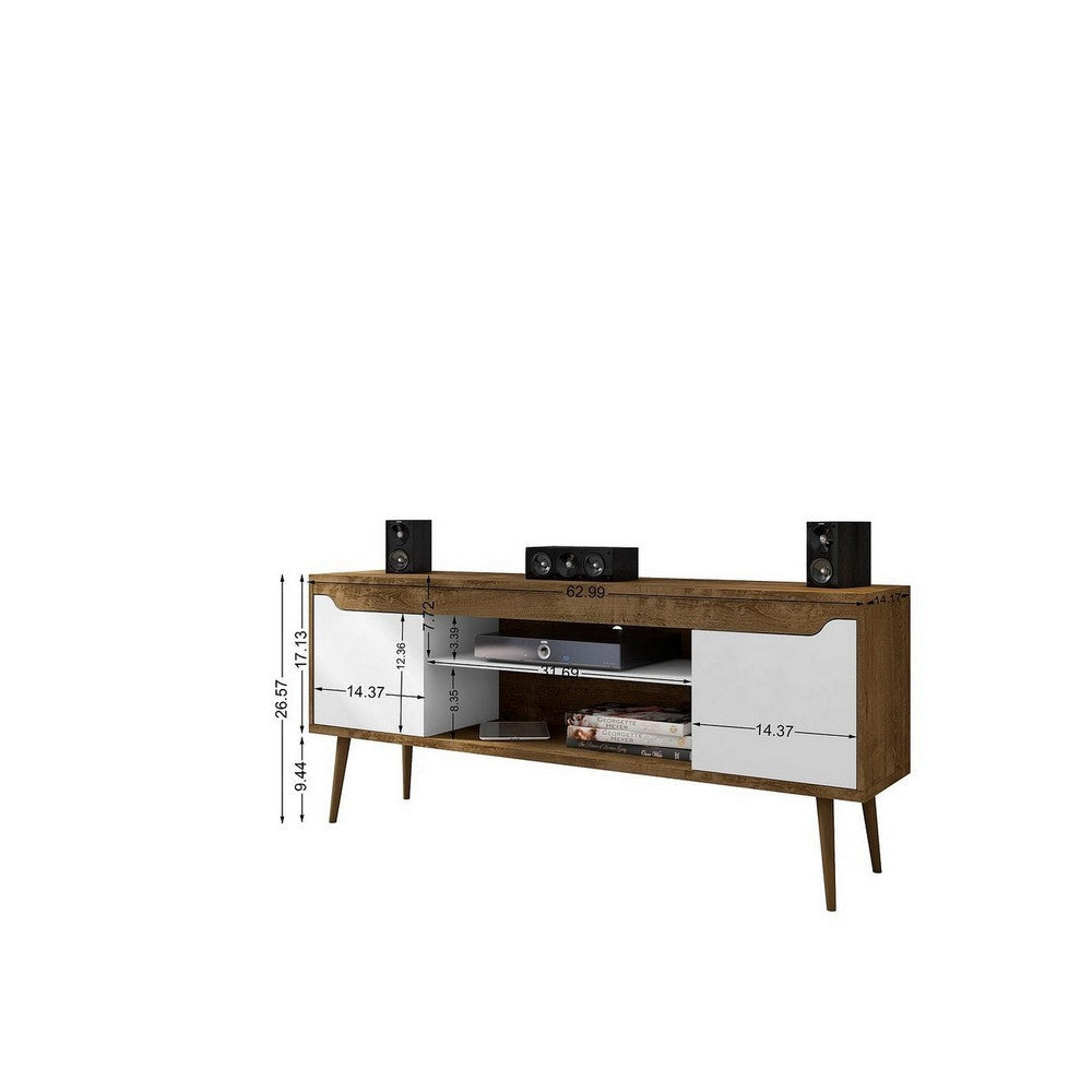 Bradley 62.99 TV Stand Rustic Brown and White with 2 Media Shelves and 2 Storage Shelves in Rustic Brown and White with Solid Wood Legs