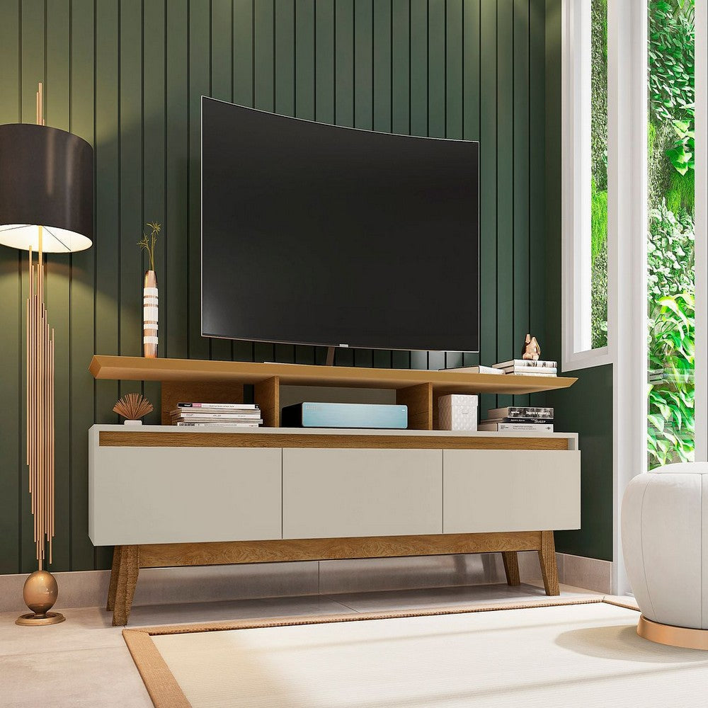 Yonkers 70.86 TV Stand with Solid Wood Legs and 6 Media and Storage Compartments in Off White and Cinnamon MHC-234BMC12